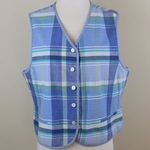 Talbots Blue Plaid 5 Button Vest Size Large